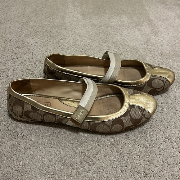COACH gold ballerina flat ballet shoes with strap - Picture 6 of 14